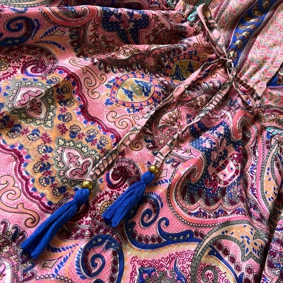 SILK Blend Bohemian Boho Tie Neck Pink Paisley Midi Dress - Picture 5 of 10